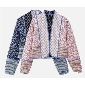 SUNDAYUP Quilted Printed Reversible Cropped Jacket blue pink S Cottagecore